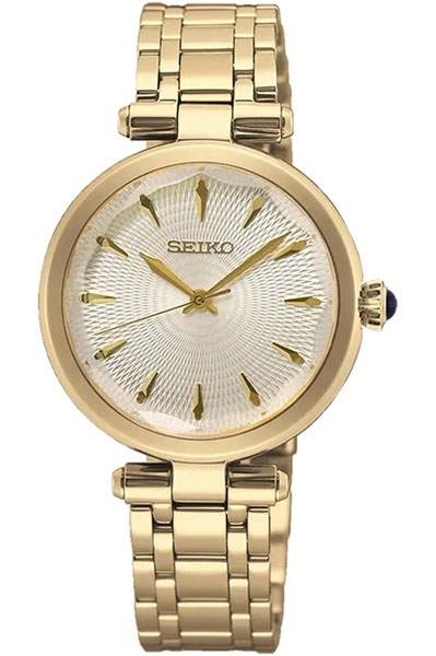Seiko SRZ554P1 – Gold-tone women’s luxury watch with diamond markers, mother-of-pearl dial, and stainless steel bracelet.