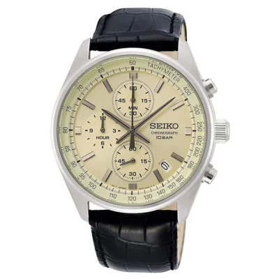 Seiko Chronograph SSB383P1 – Cream dial quartz watch with brown leather strap and stainless steel case.
