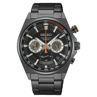 Seiko SSB399P1 Chronograph black dial with black steel strap and tachymeter