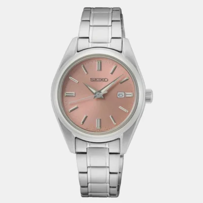Seiko SUR529P1 women’s pink dial watch with stainless steel strap