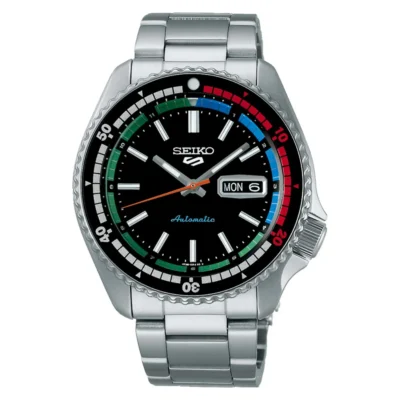 Seiko 5 Sports SRPK13K1 – Regatta Timer Special Edition automatic watch with blue-red bezel and stainless steel bracelet.