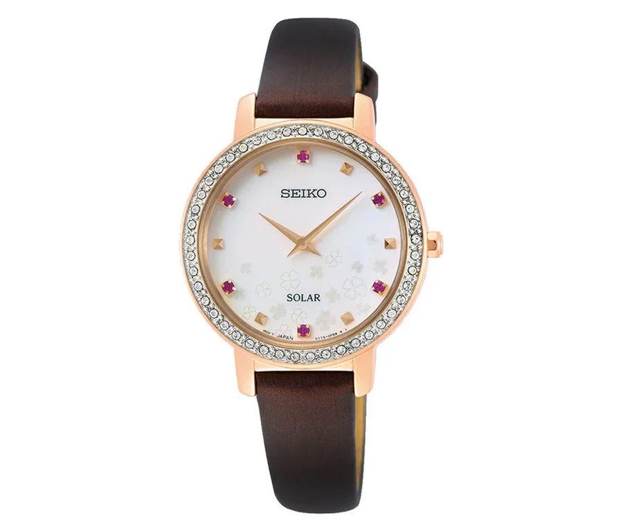 Seiko Classic SUP450P1 solar watch with white dial and brown leather strap