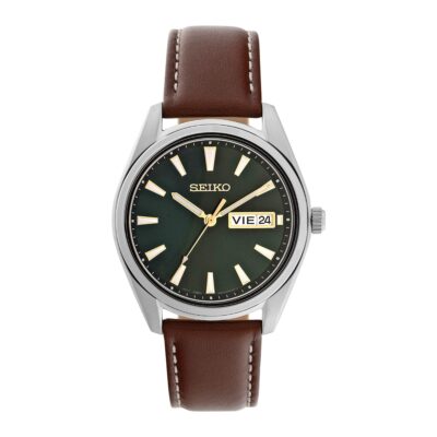 Seiko SUR452P1 women’s watch with gray dial and brown leather strap