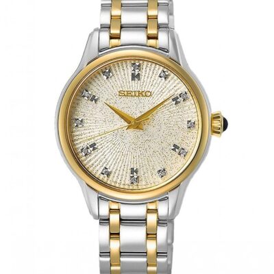 Seiko SRZ550P1 – Women’s luxury watch with diamond markers, mother-of-pearl dial, and stainless steel bracelet.