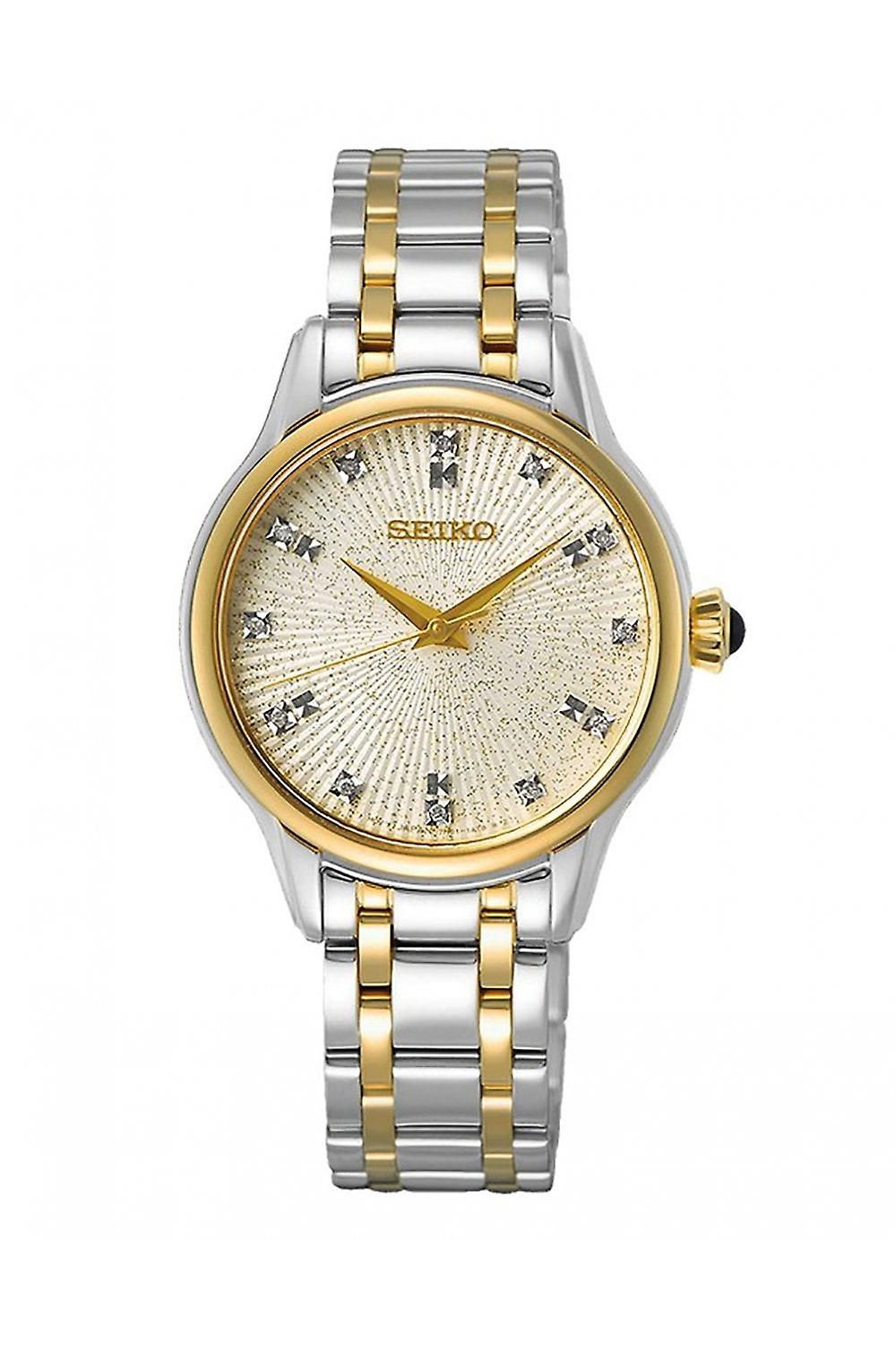 Seiko SRZ550P1 – Women’s luxury watch with diamond markers, mother-of-pearl dial, and stainless steel bracelet.