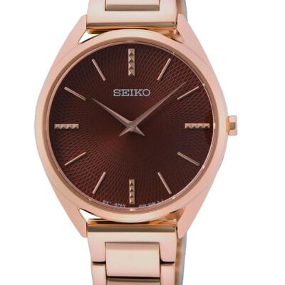 Seiko SWR062P1 women’s watch with brown dial and rose gold stainless steel strap