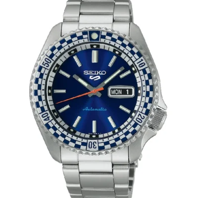 Seiko 5 Sports SRPK65K1 – Petrol blue checker flag dial automatic watch with tachymeter bezel.