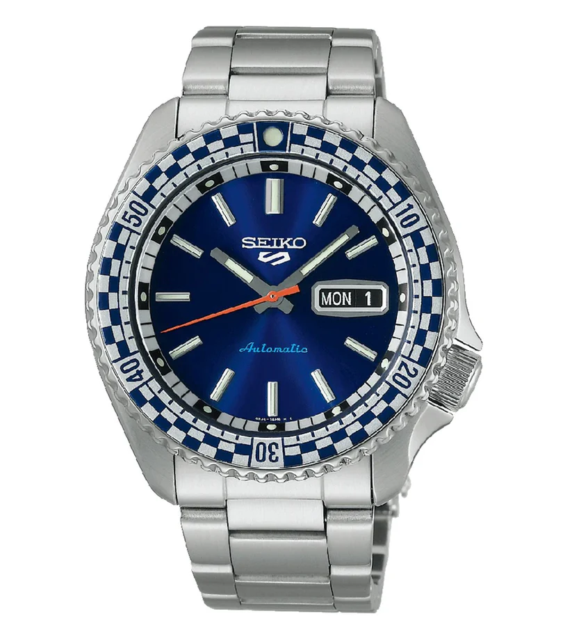 Seiko 5 Sports SRPK65K1 – Petrol blue checker flag dial automatic watch with tachymeter bezel.
