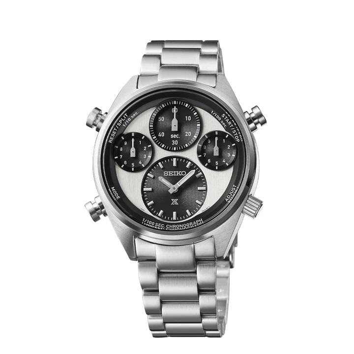 Seiko Prospex SFJ001P1 Speedtimer Solar Chronograph watch with black dial and stainless steel strap