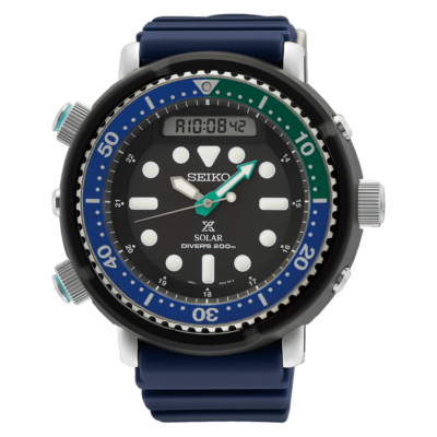 Seiko Prospex SNJ039P1 Tropical Lagoon Special Edition Hybrid Diver’s Watch with blue and green bezel and silicone strap