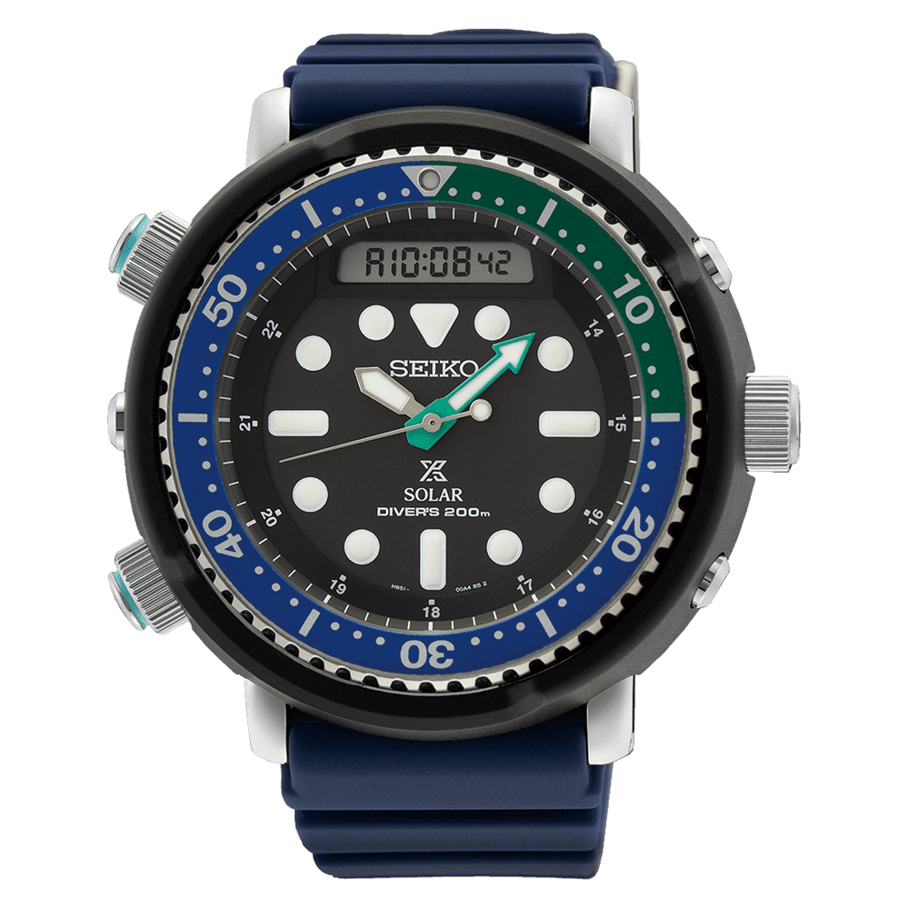 Seiko Prospex SNJ039P1 Tropical Lagoon Special Edition Hybrid Diver’s Watch with blue and green bezel and silicone strap