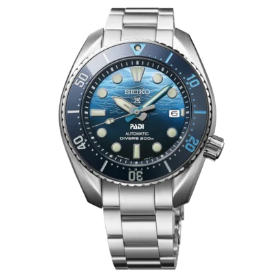 Seiko Prospex PADI SPB375J1 – Blue dial automatic dive watch with stainless steel bracelet.