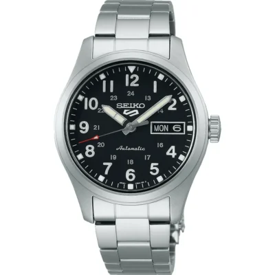 Seiko 5 Sports Automatic SRPJ81K1 – Black dial stainless steel sports watch with rotating bezel.