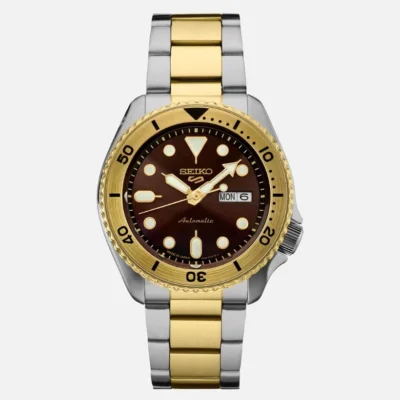 Seiko 5 Sports SRPK24 – Charcoal dial automatic watch with gold-tone stainless steel case and bracelet.