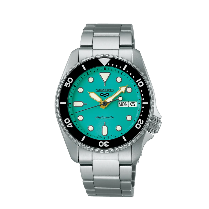 Seiko 5 Sports SRPK33K1 automatic watch with teal dial and stainless steel bracelet