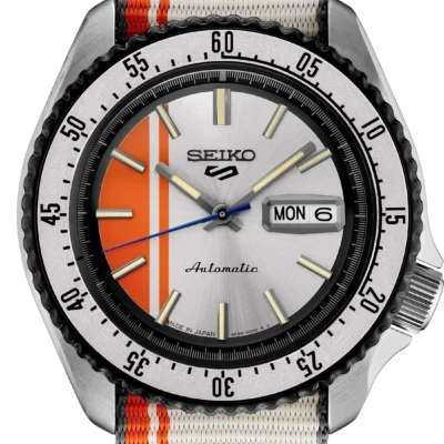 Seiko 5 Sports SRPK73 – Orange dial automatic watch with stainless steel case and rotating bezel.