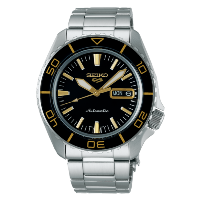 Seiko 5 Sports SRPK99K1 – Black dial automatic watch with black stainless steel case and rotating bezel.