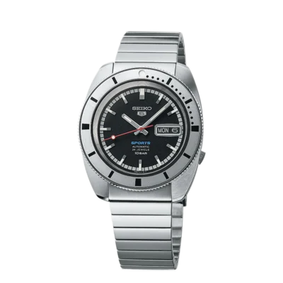 Seiko 5 Sports SRPL05K1 – Black dial automatic watch with stainless steel case and rotating bezel.