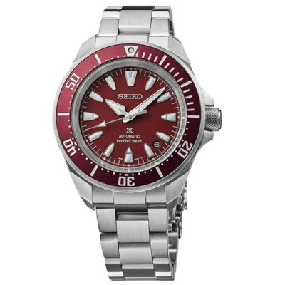 Seiko Prospex SRPL11K1 – Red dial automatic watch with stainless steel bracelet and 200m water resistance.