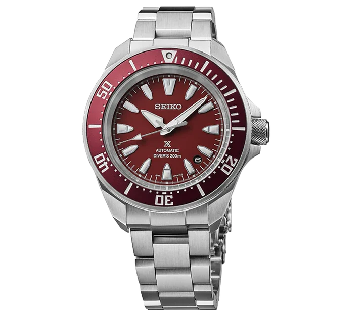Seiko Prospex SRPL11K1 – Red dial automatic watch with stainless steel bracelet and 200m water resistance.