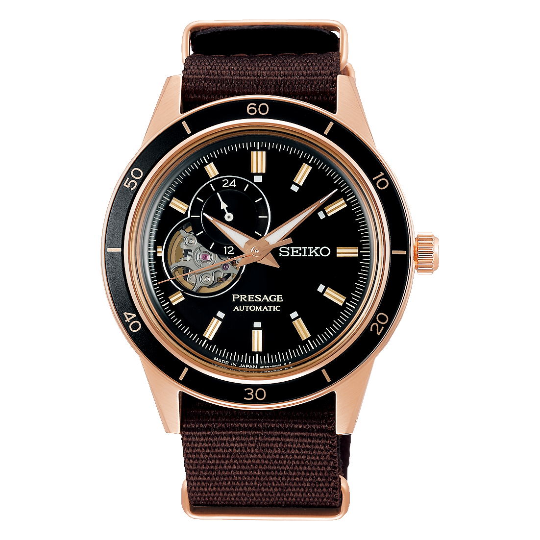 Seiko Presage SSA426J1 – Black dial automatic watch with brown nylon strap and open-heart display.
