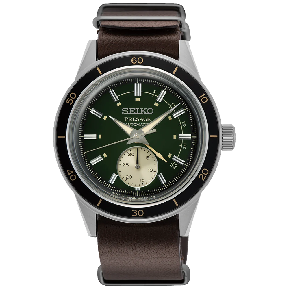 Seiko Presage SSA451J1 – Green dial automatic watch with brown leather strap and open-heart movement.