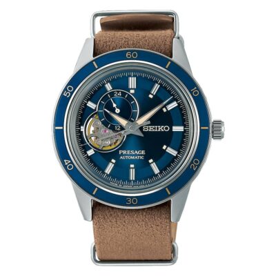 Seiko Presage SSA453J1 – Blue dial automatic watch with leather strap and open-heart movement.