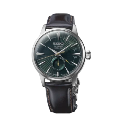 Seiko Presage SSA459J1 – Green dial automatic watch with leather strap and open-heart movement.