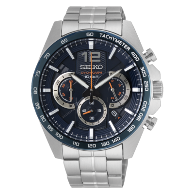 Seiko Chronograph SSB345P1 – Blue dial watch with tachymeter and stainless steel bracelet.