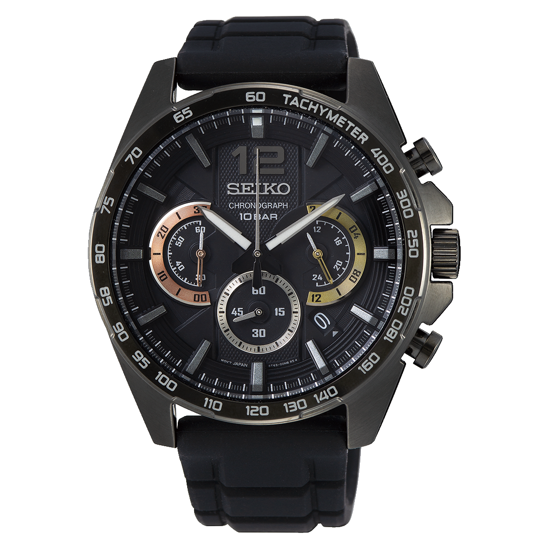 Seiko Chronograph SSB349P1 – Black dial quartz sports watch with silicone strap and tachymeter bezel.