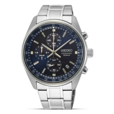 Seiko Chronograph SSB377P1 – Blue dial quartz sports watch with stainless steel strap and tachymeter bezel.
