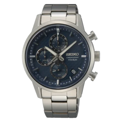 Seiko SSB387P1 Titanium Chronograph – Blue dial quartz watch with titanium case and tachymeter scale.