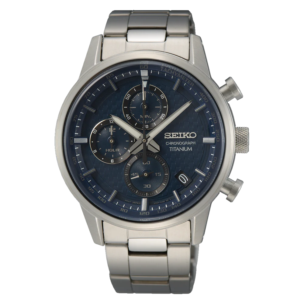 Seiko SSB387P1 Titanium Chronograph – Blue dial quartz watch with titanium case and tachymeter scale.