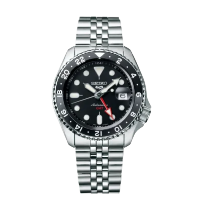 Seiko 5 Sports SSK001K1 GMT watch with black grape dial and stainless steel strap
