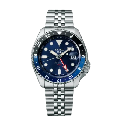 Seiko 5 Sports SSK003K1 Blueberry GMT watch with blue bezel and stainless-steel strap