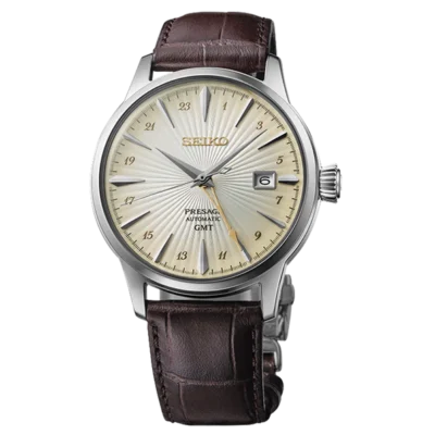 Seiko Presage Acacia Cocktail Time GMT SSK041J1 champagne dial watch with brown leather strap