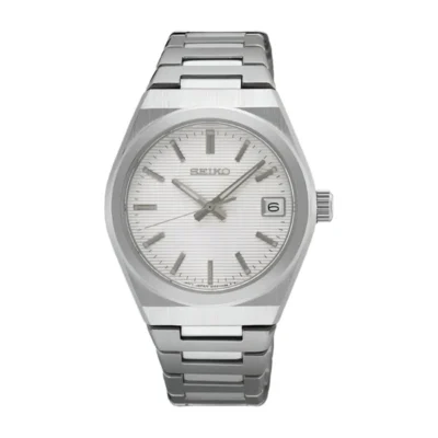 Seiko SUR573P1 women’s dress watch with white dial and stainless steel strap