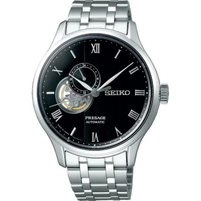 Seiko Presage SSA377J1 – Black dial automatic men’s watch with open-heart display and stainless steel bracelet.