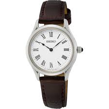 Seiko SWR071P1 women’s rectangular white dial watch with brown leather strap