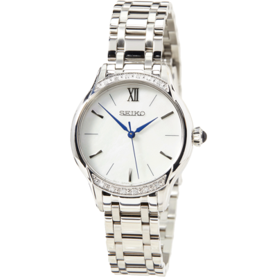 Seiko SRZ543P1 – Women’s luxury watch with diamond markers, mother-of-pearl dial, and stainless steel bracelet.