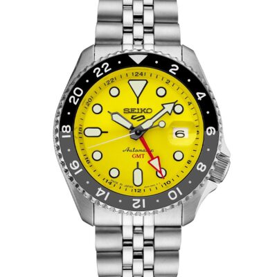 Seiko 5 Sports SSK017 GMT watch with bold yellow dial