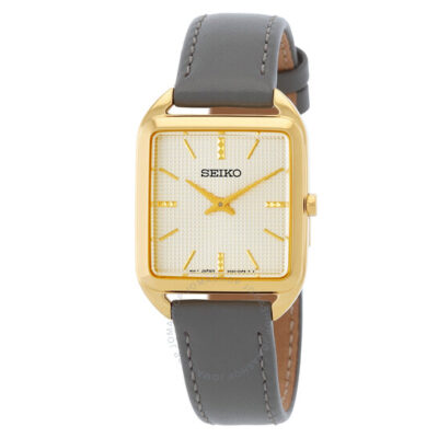 Seiko SWR090P1 women’s rectangular watch with champagne dial and grey leather strap