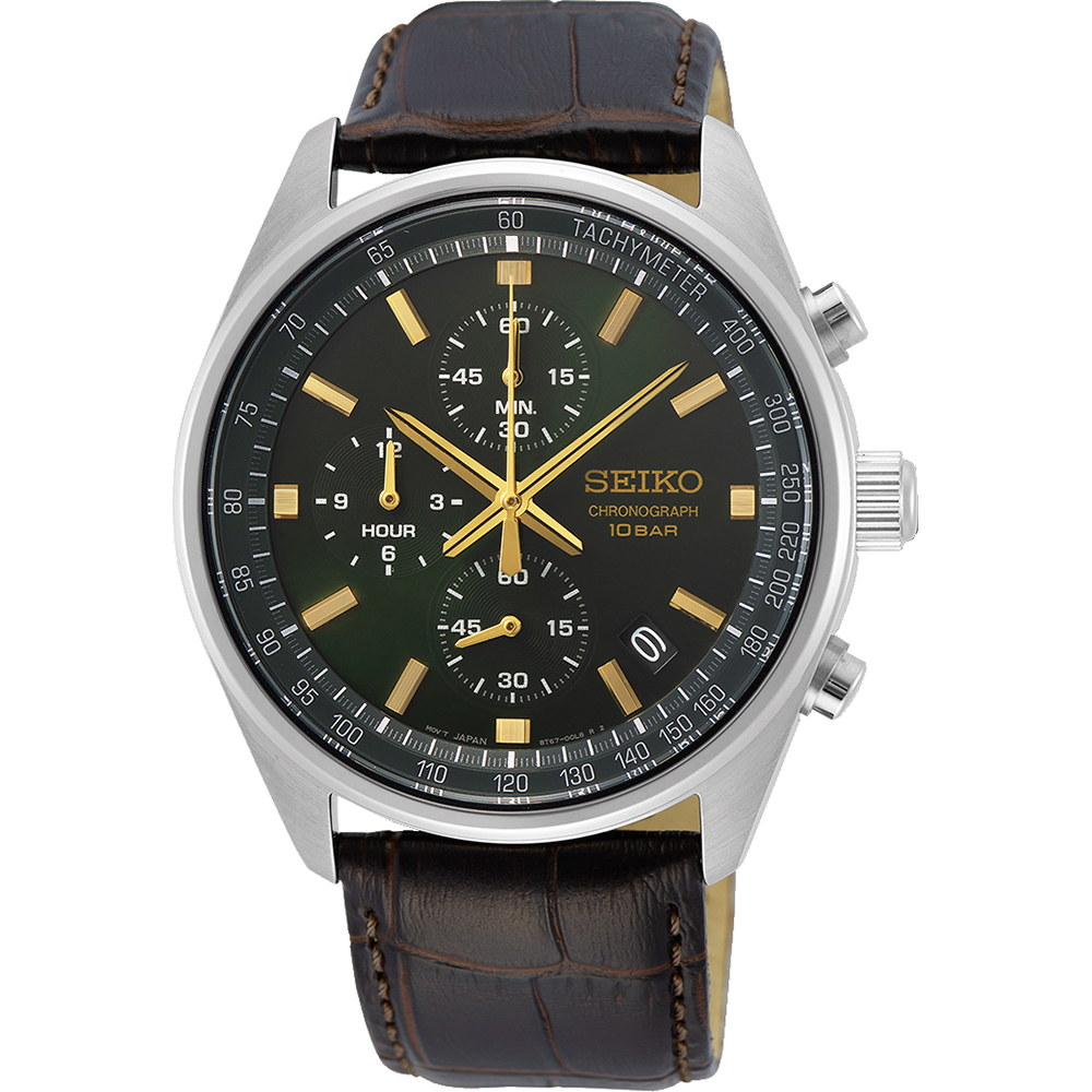 Seiko Chronograph SSB385P1 – Green dial quartz watch with brown leather strap and stainless steel case.