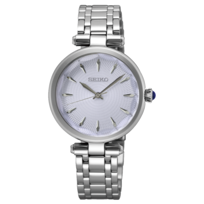 Seiko SRZ553P1 – Women’s luxury watch with diamond markers, mother-of-pearl dial, and stainless steel bracelet.