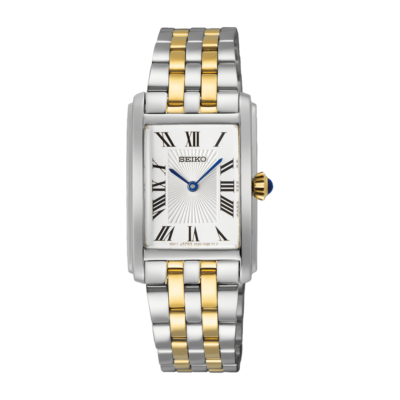 Seiko SWR087P1 rectangular women's watch with white dial and steel strap
